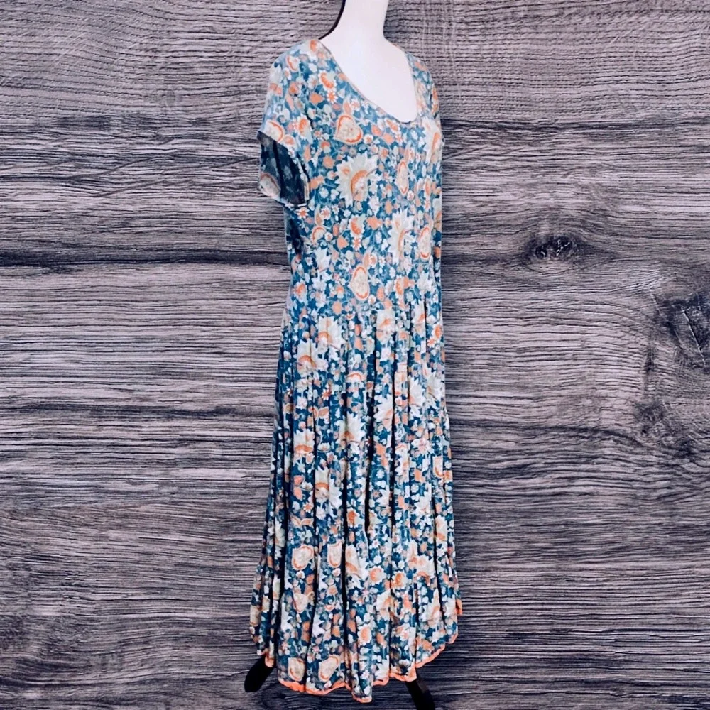 Soft Surroundings Kara Maxi Dress Large TealFloral Boho Tiered Cottagecore  2X - Picture 5 of 9